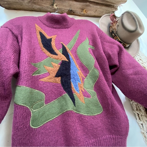 Purple Rare Appliqué retro vintage wool blend sweater w YTK 80s MidCentury vibe - Picture 6 of 10